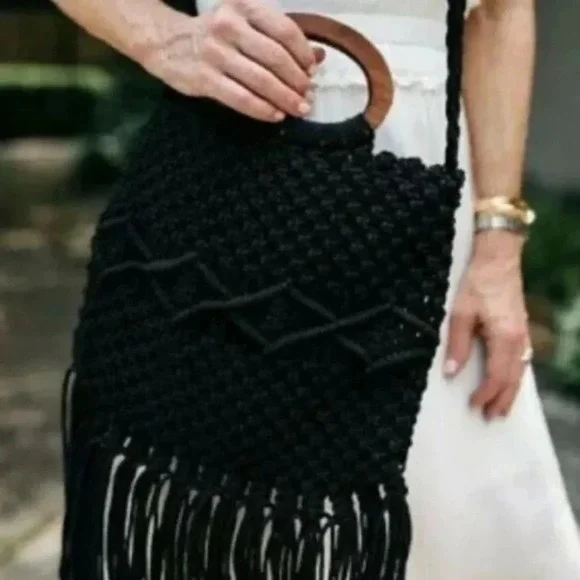 Danielle Nicole Black Macramé Boho Crossbody/Handbag with‎ Fringe. - Picture 7 of 16